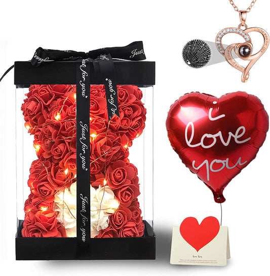 "Enchanting Rose Bear Gift Set: Flower Bear Rose Teddy with Necklace, Lights, and Balloon Card – Perfect for Valentine's Day, Anniversaries, Birthdays, and More!"